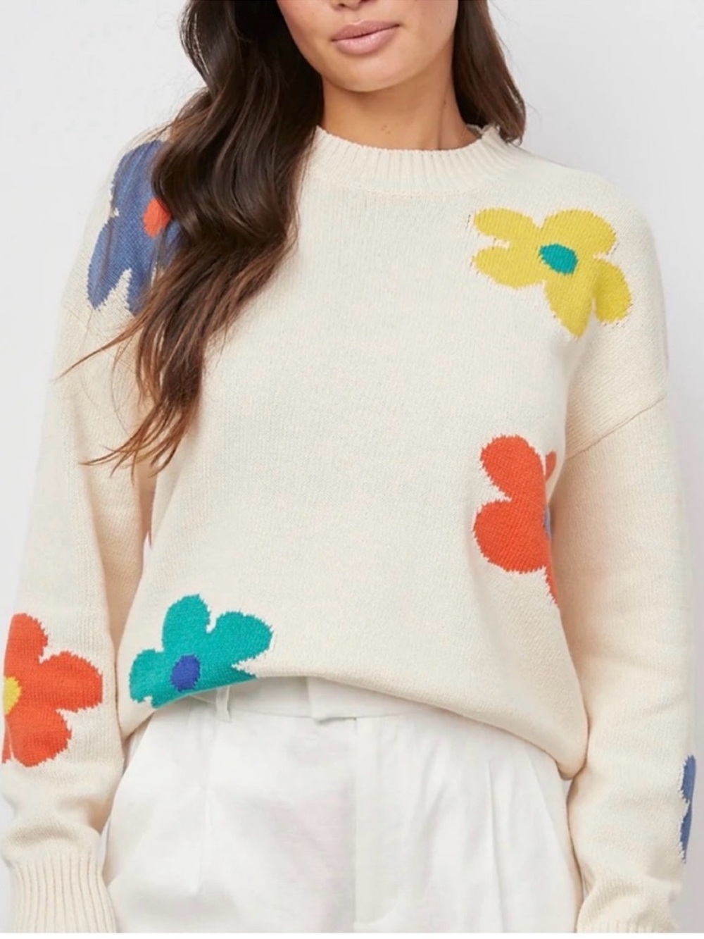 Rails Perci Sweater Womens S Beige Multicolor Floral Intarsia Cotton Crewneck*20